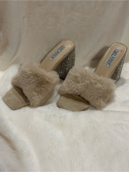 Cape Robbin Shoes - Cape Robbin Tan Faux-Fur Slide Heels with Rhinestone Block Heel